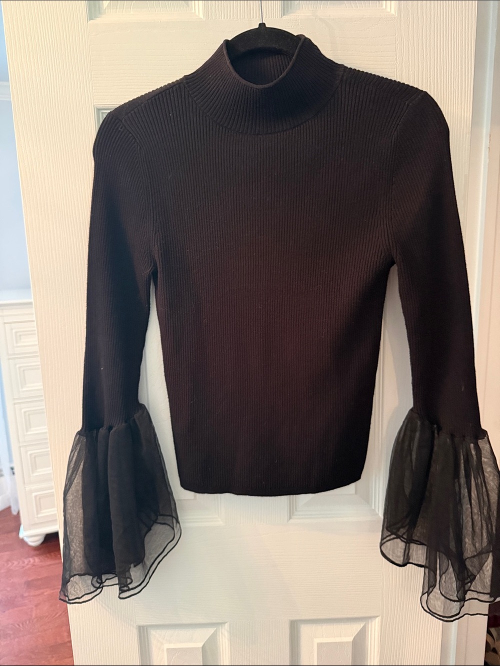 Anthropologie Black Ribbed Turtleneck with Sheer Bell Sleeves